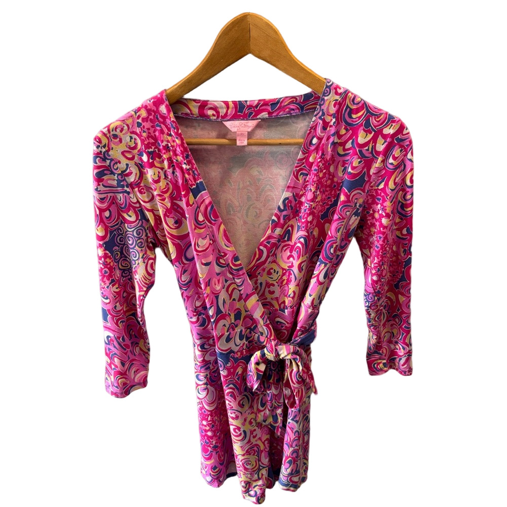 Lilly Pulitzer Karlie Wrap Shorts Romper Pink and Purple Abstract Design Size XS - Picture 3 of 11